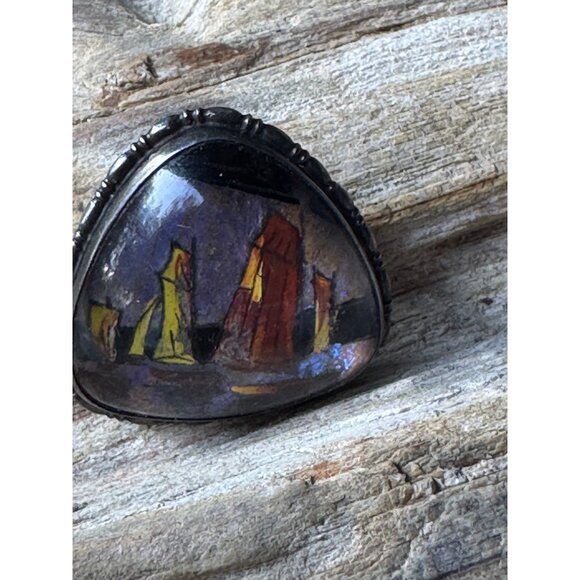 Antique Thomas Mott Morpho Butterfly Wing 1924 Nautical Boat Scene Brooch Jewelr - Picture 7 of 7